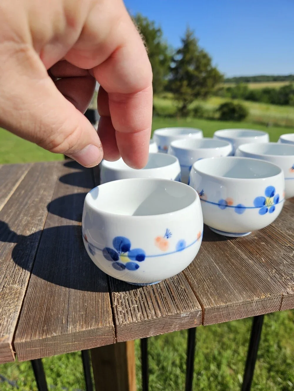 Set of 10 Vintage Japanese Arita Ware Yunomi Tea Cups Blue Floral White Porcelai